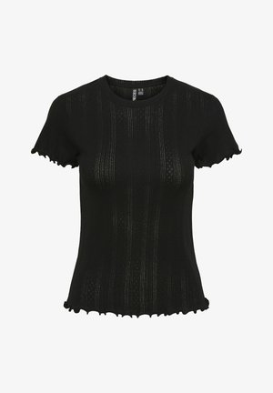 Top noir à manches courtes en maille texturée, présentant des rayures verticales et un ourlet en scallop. Col rond et design ajusté.