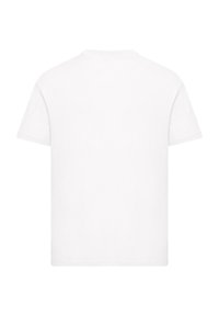 White cotton t-shirt, short sleeves, round neck, plain design, soft texture, no visible logos or patterns, backside view shown.