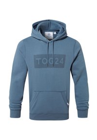 Hooded sweatshirt in muted blue with a kangaroo pocket, drawstrings, and a tonal TOG24 logo printed on the front. Soft fabric texture.
