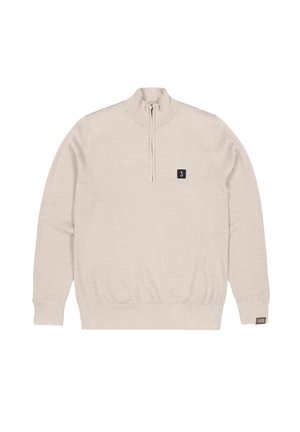 Beiger Pullover mit hohem Kragen und Viertelreißverschluss. Verfügt über einen strukturierten Stoff und ein kleines schwarzes Logo-Patch auf der linken Brust. Gerippte Bündchen und Saum.