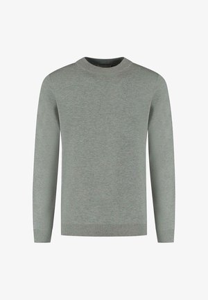 Pull en maille gris clair à manches longues avec col rond, muni de bords-côtes aux poignets et à l'ourlet, présenté sur un fond blanc.