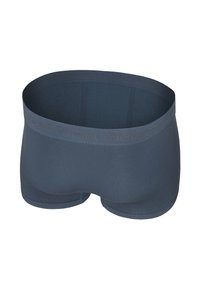 Men's boxer briefs in dark blue fabric, featuring a soft elastic waistband with logo detail and a smooth, breathable texture.