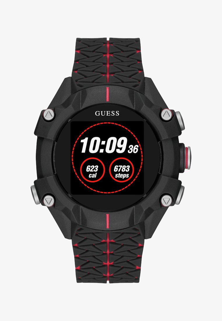 Schwarze und rote Guess Digital-Sportuhr, die die Zeit 10:09, 623 verbrannte Kalorien und 6783 Schritte auf dem Display anzeigt.