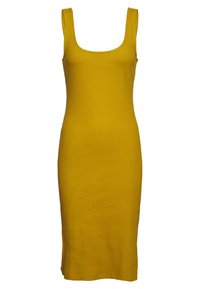 Robe jaune côtelée avec un décolleté carré, sans manches et d'une coupe au genou. Fabriquée en tissu extensible pour une silhouette ajustée.