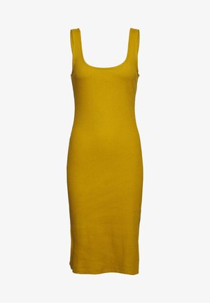 Ribbed yellow dress with a square neckline, sleeveless design, and knee-length cut. Made from stretchable fabric for fitted silhouette.