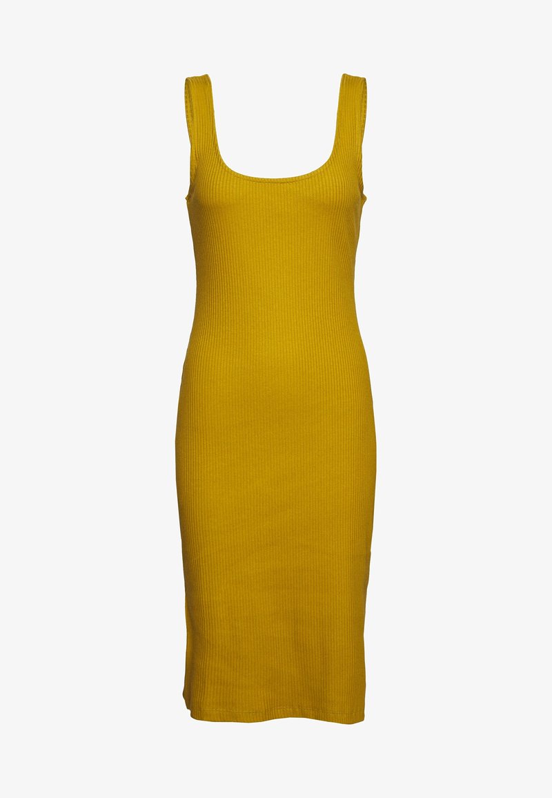 Żółta sukienka z prążkowanego materiału, o kwadratowym dekolcie, bez rękawów i długości do kolan. Wykonana z elastycznej tkaniny dla dopasowanego kroju.