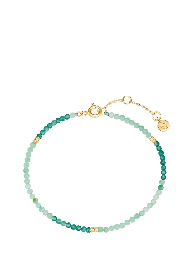 Pulsera con cuentas verdes y turquesas, con un cierre y acentos dorados, exhibiendo una textura suave y una delicada extensión de cadena.