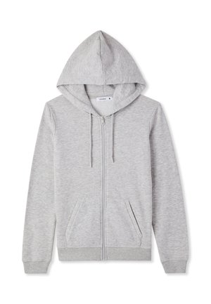 Felpa con cappuccio grigia chiaro con cerniera, tasche frontali, cappuccio con coulisse e polsini e orlo a coste, distesa su uno sfondo bianco.