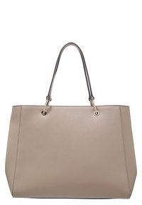 Beige tote bag made of textured synthetic material with dual handles and metallic eyelets. Features a structured shape and minimalistic design.