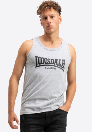 Gray cotton sleeveless tank top featuring a black "LONSDALE" logo and "LONDON" text, with a rounded neckline and minimal stitching details.