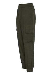 Pantalon cargo vert foncé avec une taille élastique, une jambe fuselée et deux grandes poches latérales. Fabriqué en tissu léger et texturé.