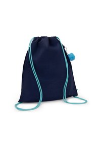 Marineblå snorpose med lyseblå snore og pompon-detalje. Lavet af blødt stof, med en samlet top og rummeligt indre.