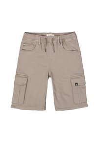 Shorts cargo beiges en mélange de coton, avec deux poches latérales, une taille élastique avec cordon de serrage, et des détails de couture.
