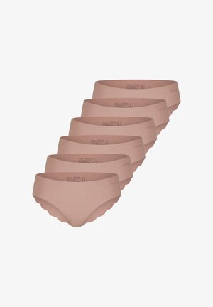 Pakke med seks kvinders trusser i lyserosa, lavet af glat stof, med bølgede kanter og en bred elastik med branding.