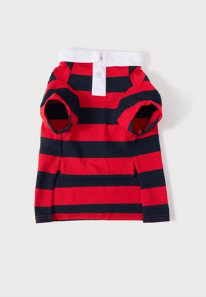 Majica za psa crvene i tamnoplave pruge s bijelim ovratnikom i preklopom za gumbe, kratkih rukava i malim džepom na leđima.