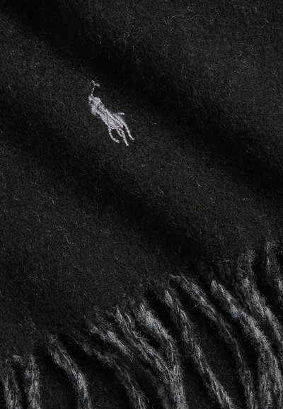 Black wool scarf with fringed ends and a small white embroidered polo player logo in the center.