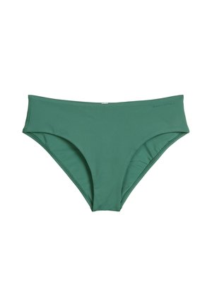 Groene bikinionderkant van glad, elastisch materiaal. Heeft een hoge taille en biedt een gematigde bedekking, met minimale naden en een logo-detail.
