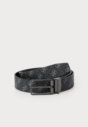 Black belt made of patterned synthetic material featuring a geometric design in gray. Includes a shiny black metal buckle.