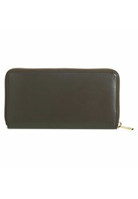 Portafoglio in pelle marrone scuro con una texture liscia, forma rettangolare, chiusura con zip e dettagli in metallo dorato.