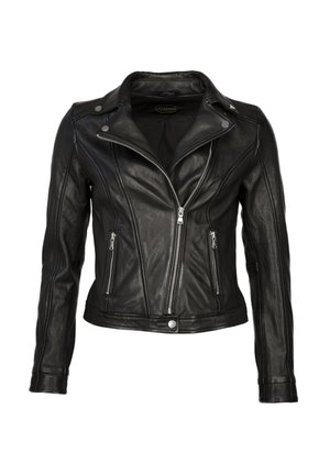 Zwarte leren motorjack met een nauwsluitend ontwerp, asymmetrische voorkant met rits en zakken met rits en zilverkleurige hardware-accenten.