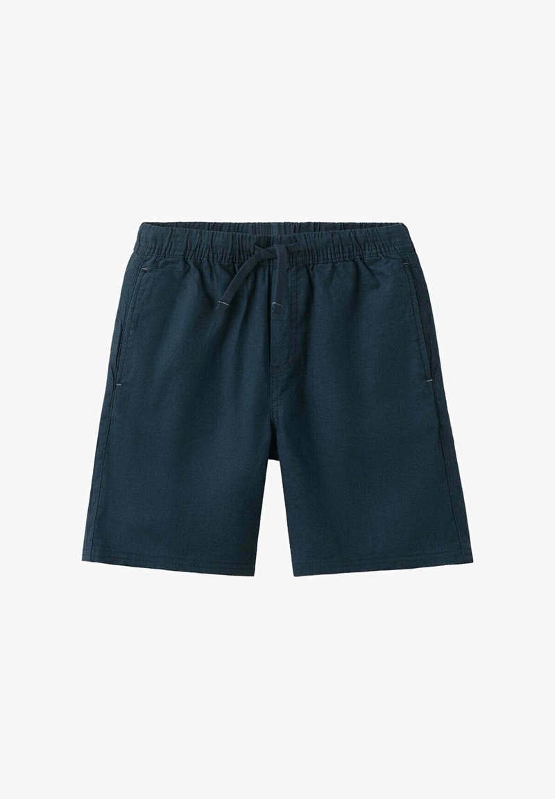 Shorts décontractés bleu marine avec ceinture élastique, lien de serrage et poches latérales, conçus pour un port confortable.