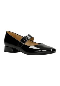 Schwarze Lackleder-Mary-Jane-Schuhe mit quadratischer Spitze, featuring einen breiten Riemen und eine Schnalle sowie einen niedrigen, kantigen Absatz. Glatte Textur.