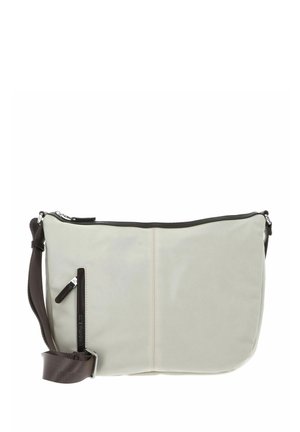 Sac bandoulière gris clair à texture lisse, avec une sangle marron foncé, une poche zippée et un design minimaliste. Il présente une couture simple au centre.