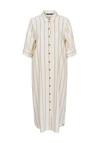 Cremefarbenes Hemdkleid mit vertikalen braunen Streifen, durchgehender Knopfleiste, kurzen aufgeschlagenen Ärmeln und einer lockeren Silhouette.