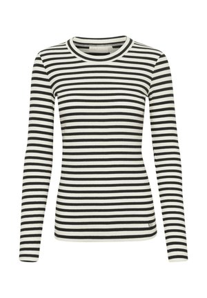 Fekete-fehér csíkos, hosszú ujjú póló bordás textúrával és kerek nyakkivágással. Az alsó elülső részen egy kis logó található.