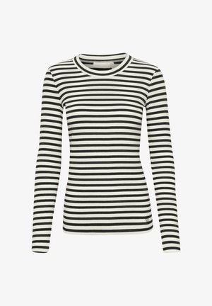 Fekete-fehér csíkos, hosszú ujjú póló bordás textúrával és kerek nyakkivágással. Az alsó elülső részen egy kis logó található.
