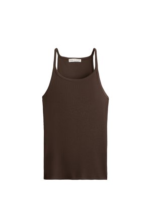 Brown ribbed tank top with thin shoulder straps. Features a rounded neckline and a smooth, slightly textured fabric. Simple design, no patterns.
