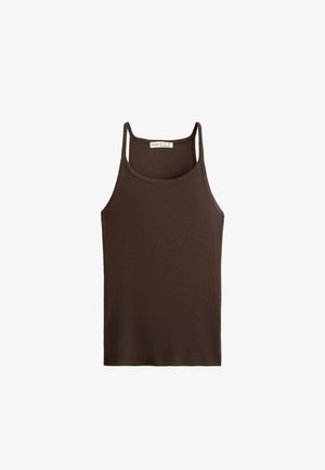 Brown ribbed tank top with thin shoulder straps. Features a rounded neckline and a smooth, slightly textured fabric. Simple design, no patterns.