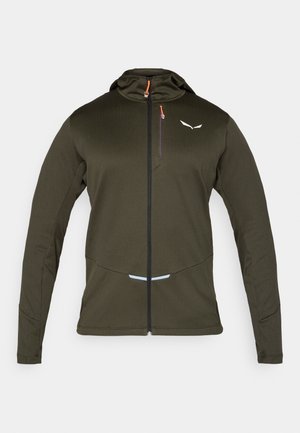 Oliivivihreä urheilutakki, jossa on etuvetoketju, huppu ja kontrastiset oranssit ja violetit vetoketjun vetimet. Sisältää heijastavia yksityiskohtia ja teksturoitua kangasta.