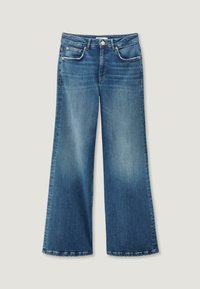 Wijdvallende spijkerbroek van blauw denim met een medium hoge taille, voorzien van contrasterende stiknaden en een vijf-pocket ontwerp. Fijne textuur met vervaagde details.