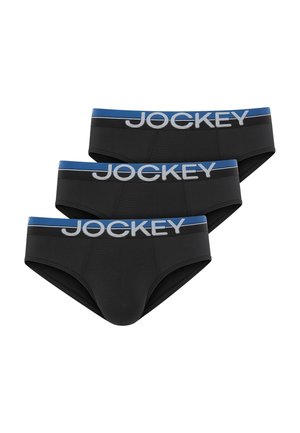 Drei schwarze Herren-Slips mit blauen Bündchen, auf denen das Wort "Jockey" in Weiß steht, vor weißem Hintergrund dargestellt.