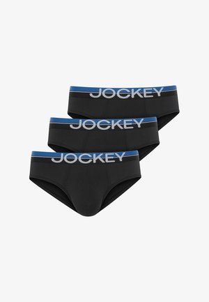 Drei schwarze Herren-Slips mit blauen Bündchen, auf denen das Wort "Jockey" in Weiß steht, vor weißem Hintergrund dargestellt.