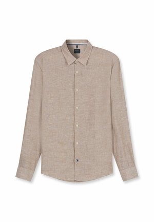 Beige Herrenhemd mit langen Ärmeln, klassischem Kragen, strukturierter Stoff und ein kontrastierender blauer Knopf nahe dem Saum.