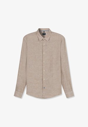 Beige Herrenhemd mit langen Ärmeln, klassischem Kragen, strukturierter Stoff und ein kontrastierender blauer Knopf nahe dem Saum.