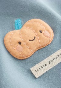 Soft orange fabric pumpkin with stitched smile and cheeks on light blue fabric, next to a label reading "little pumpkin."