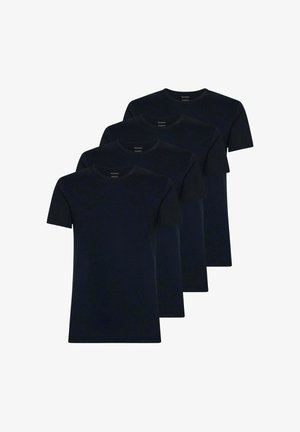 Quattro t-shirt blu navy a maniche corte in cotone. Presentano una scollatura rotonda e un taglio dritto. Texture liscia senza motivi visibili.
