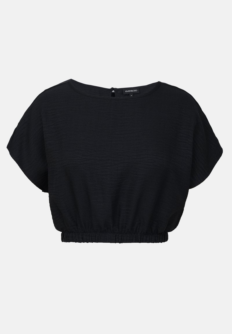 Schwarzes Cropped Top aus strukturiertem Stoff, mit weiten Ärmeln und einem elastischen Saum. Verfügt über einen runden Halsausschnitt und einen kleinen Verschluss auf der Rückseite.