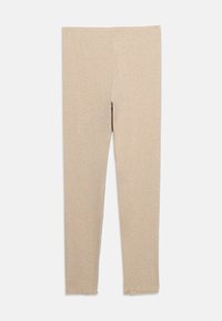 Beiga leggings gjorda av stretchigt, mjukt tyg. Slät textur, åtsittande design, inga synliga sömmar eller mönster, rak skärning vid anklarna.