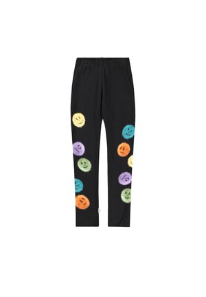 Pantalon noir avec une taille élastique présentant des motifs colorés et duveteux de visages souriants en jaune, violet, vert, bleu et orange le long des jambes.