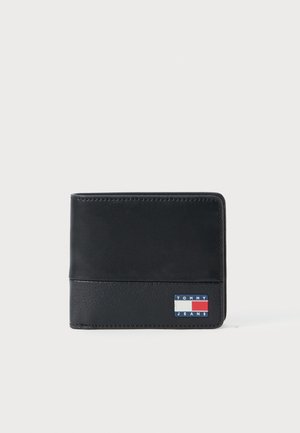 Black leather wallet with a textured finish. Features a horizontal stripe logo and stitching detail. Compact, bi-fold design.
