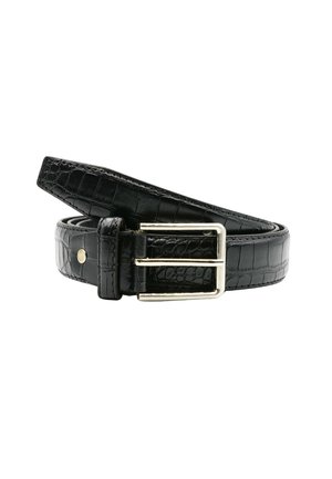 Cintura in pelle nera con motivo coccodrillo. Presenta una fibbia lucida in argento e una trama liscia. Regolabile con una sola punta.