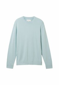 Maglione azzurro chiaro a coste con scollatura rotonda e maniche lunghe, realizzato in tessuto testurizzato. Vestibilità non attillata con un design sottile e informale.