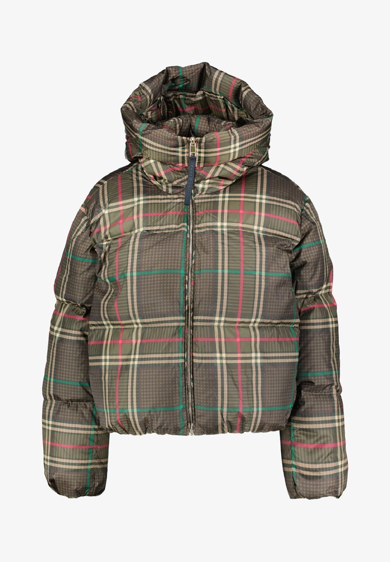 Doudoune avec col montant et fermeture éclair, avec motif à carreaux vert, rouge et beige sur tissu matelassé marron.