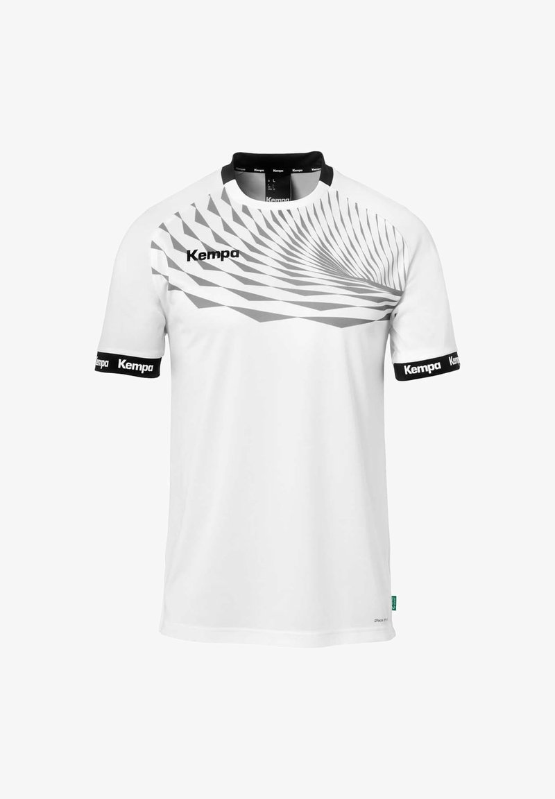 Hvid atletisk skjorte med korte ærmer, prydet med et gråt spiral mønster på forsiden. Sorte accenter på ærmerne med "Kempa" logo.