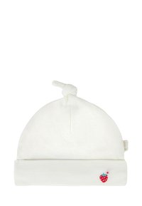 Valge puuvillane beebimüts sõlmega tipus. Esiküljel on punase ja rohelise tikandiga maasika kujundus. Pehme ja elastne kangas.