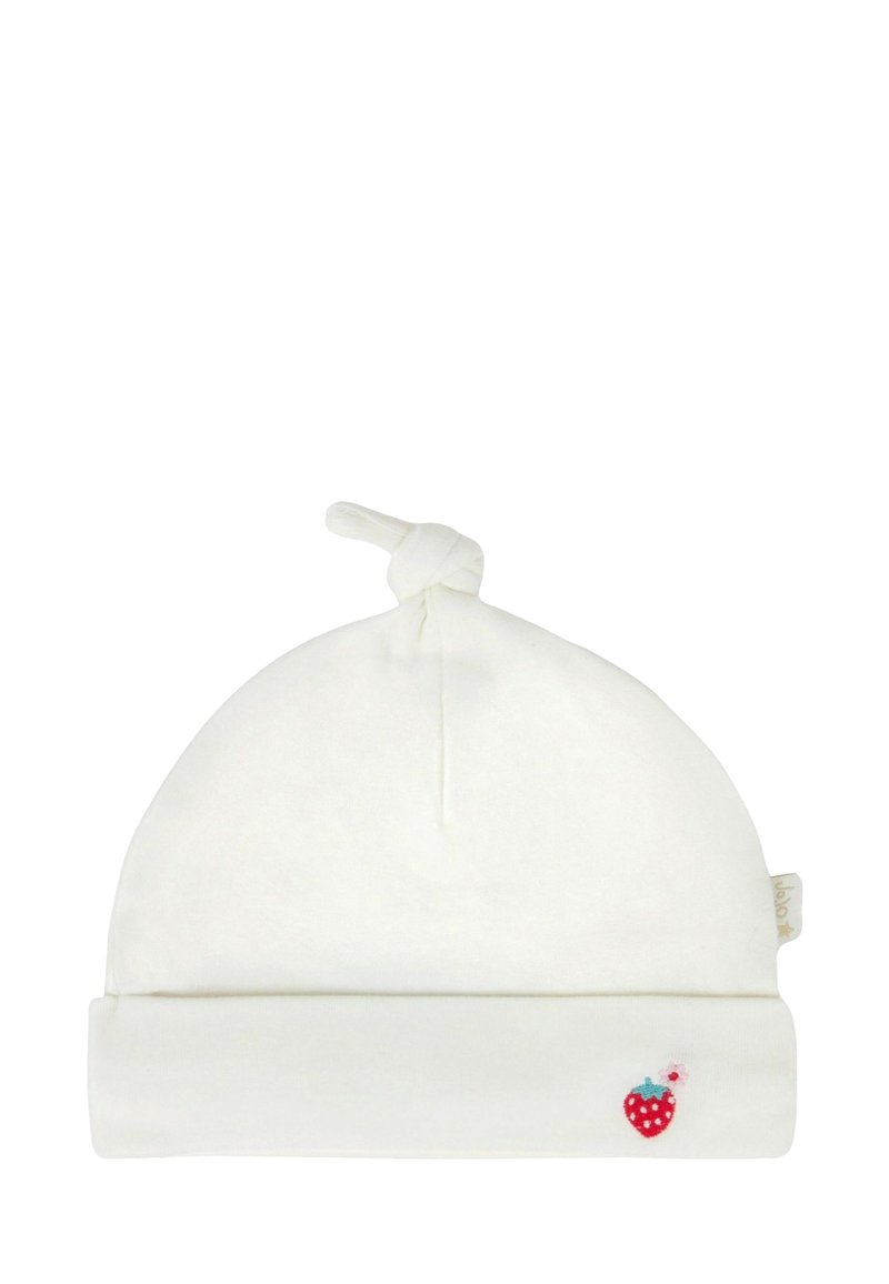 Valge puuvillane beebimüts sõlmega tipus. Esiküljel on punase ja rohelise tikandiga maasika kujundus. Pehme ja elastne kangas.